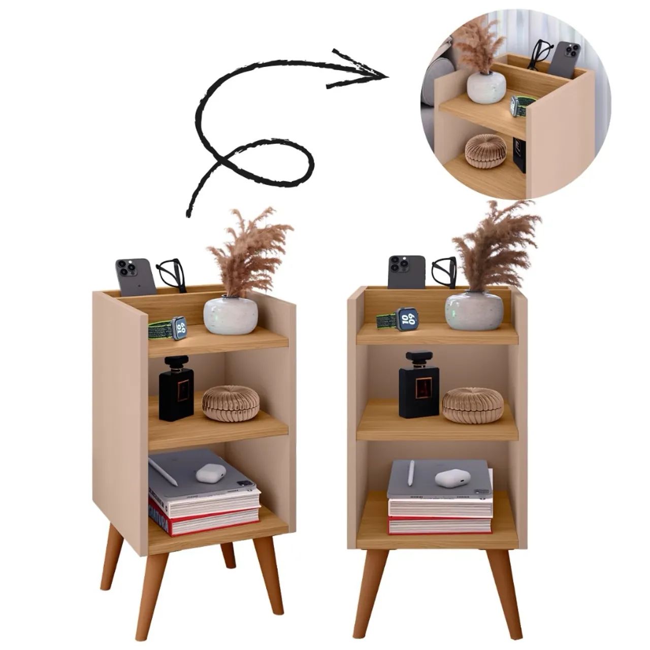 Kit com 2 Mesas de Cabeceira com porta celular - Compacta, Moderna e Funcional  - Foto 3