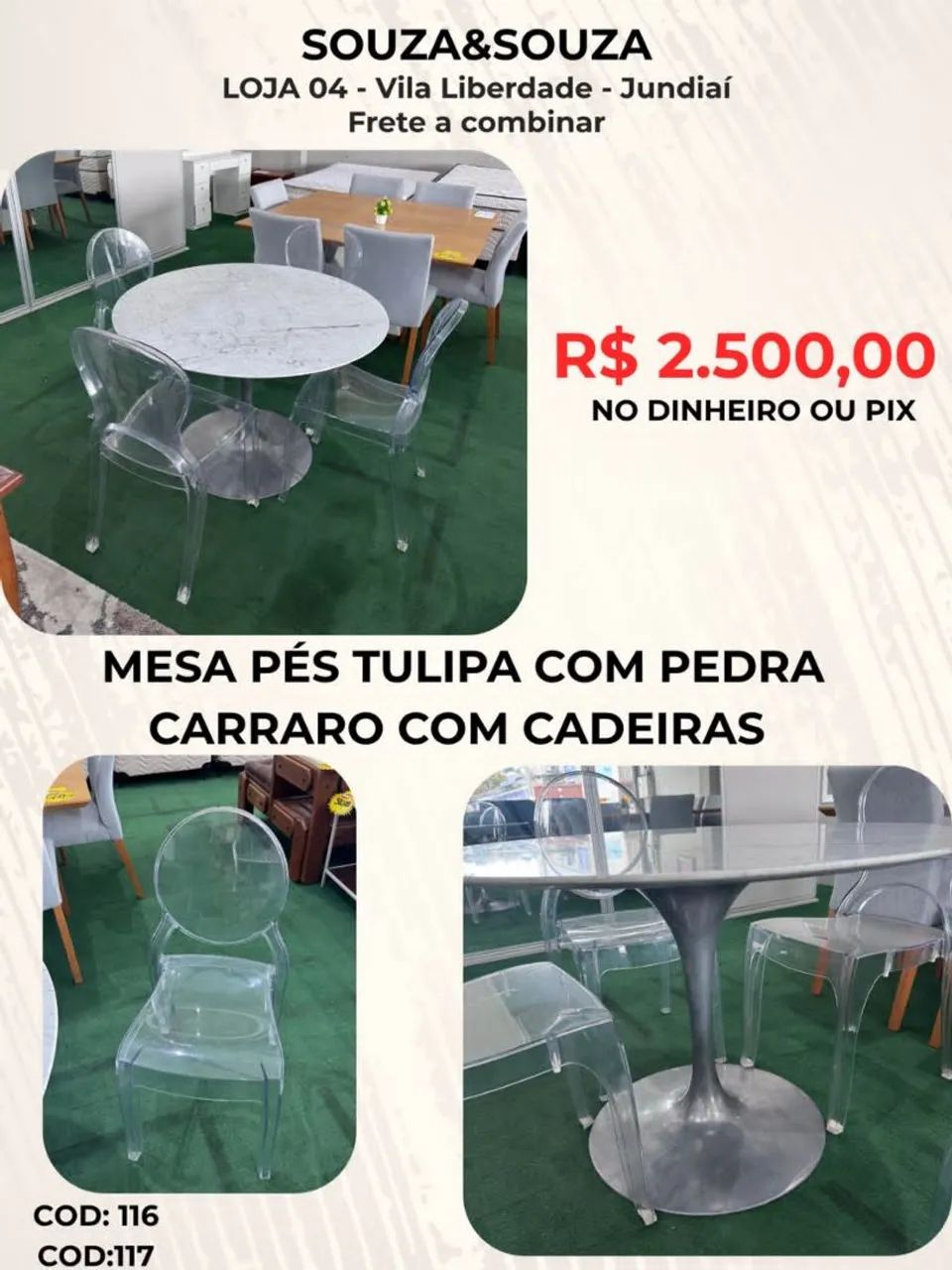 Mesa de Mármore Carrara e Pés Tulipa
