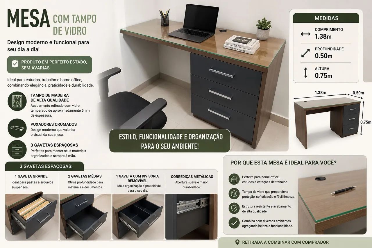 Mesa Home Office com tampo de madeira e vidro - Foto 5