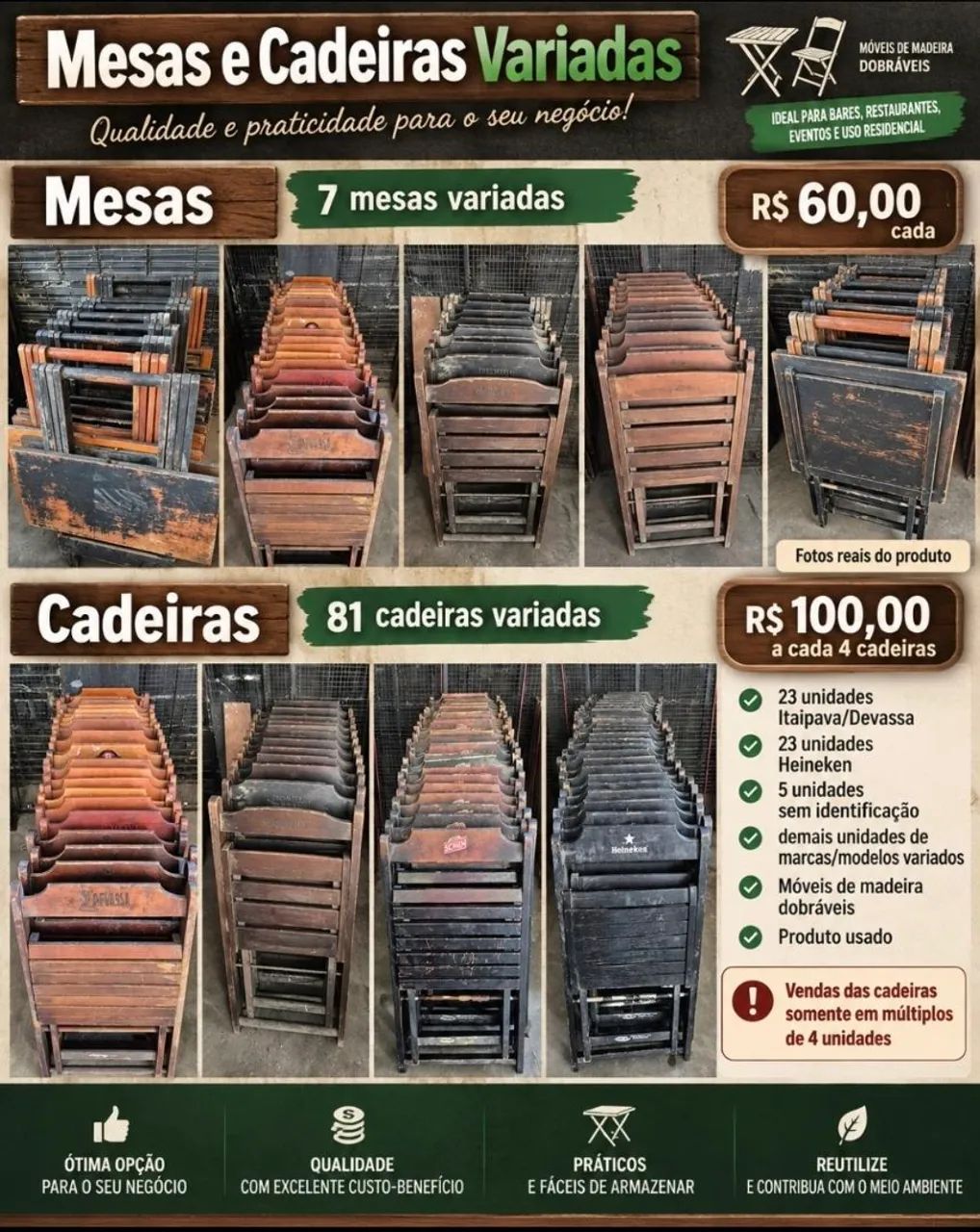 Mesas e Cadeiras de Madeira para Bar / Restaurante - Várias Marcas