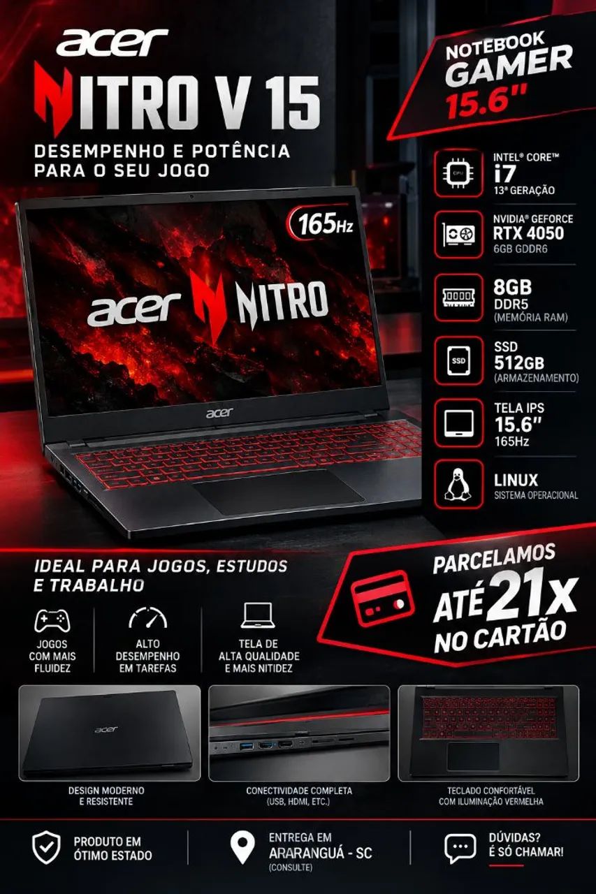 Notebook Acer nitro V15 i7 13 geração