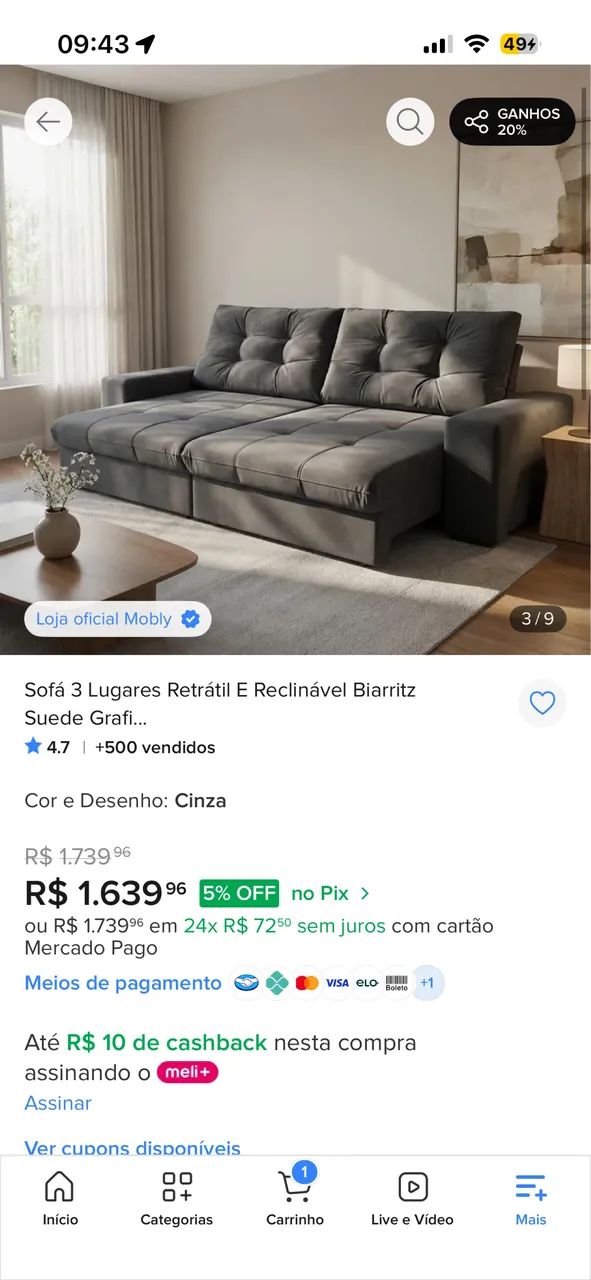 Sofá 3 lugares retrátil cinza  - Foto 4