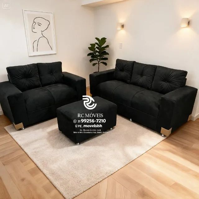 Conjunto Sofá 2 e 3 Lugares Puff Suede Preto D33 - Foto 2