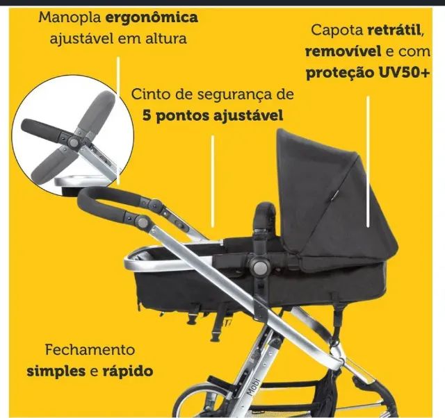 Carrinho de Bebê kit Super Completo + Bebê Conforto com Base + Bolsa e Almofada Originais - Foto 2