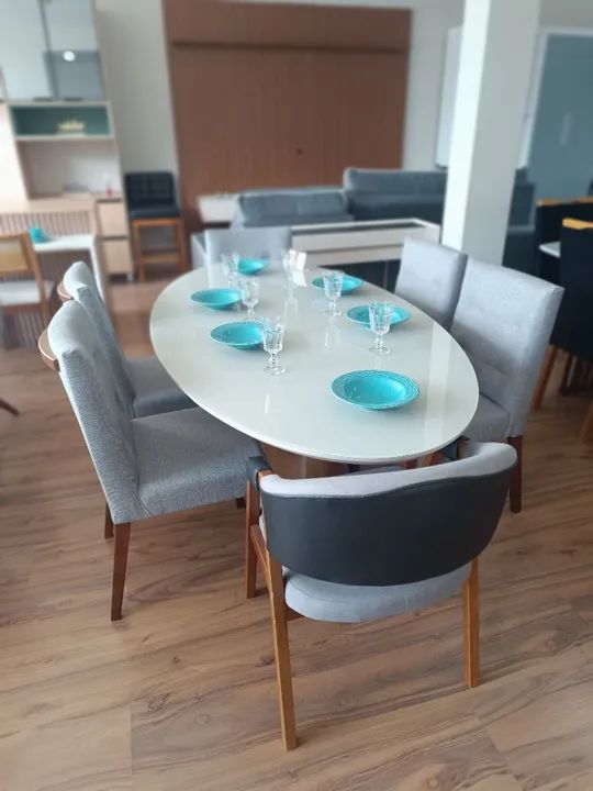 ? Mesa Jantar Oval 2x1m c/ 4 Cadeiras e 2 Poltronas Linho - Estilo e Elegância!
