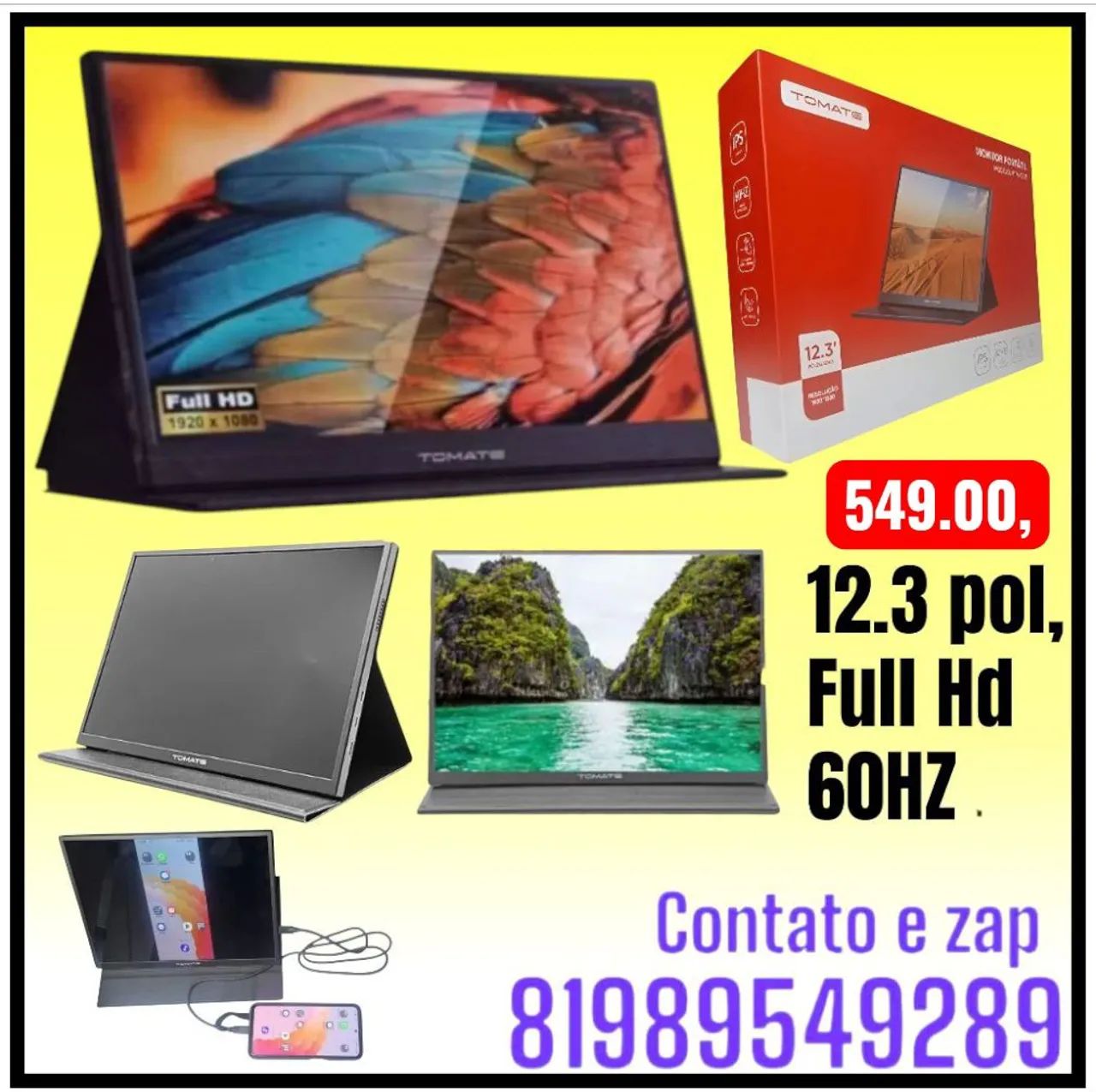 Monitor Portátil Pc Gamer Trabalho Tela 12.3 Fhd Notebook