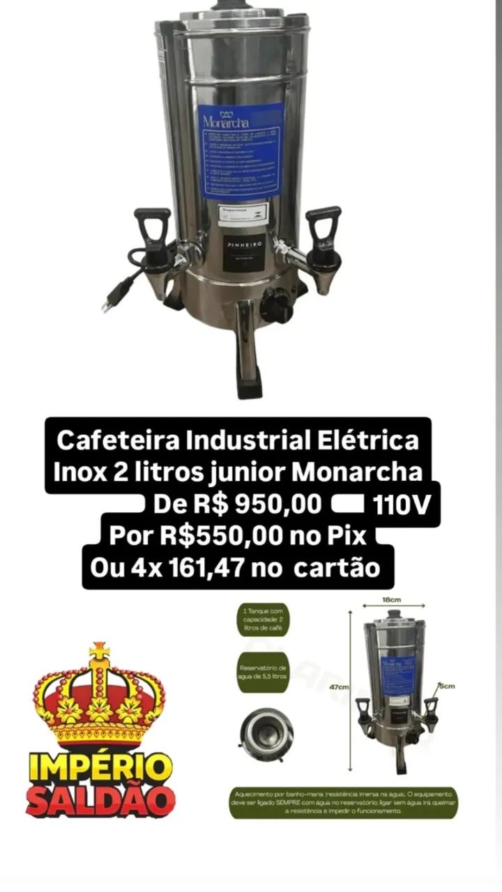 Cafeteira Industrial elétrica Inox 2 Litros Junior Monarcha