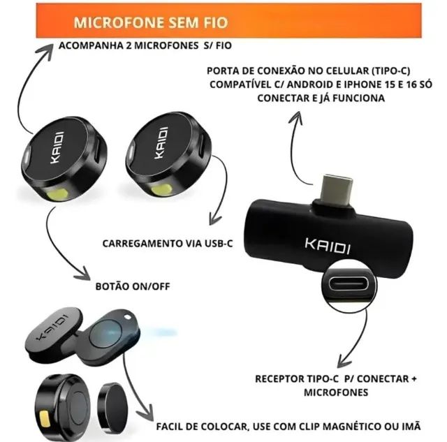 Kit de Microfone de Lapela Sem Fio Original Kaidi com 2 Unidades/para Celulares - Foto 3