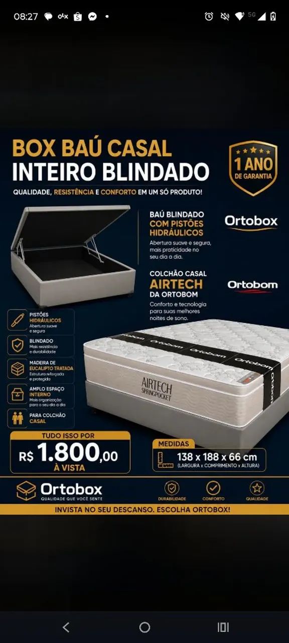Conjunto cama box baú casal com colchão airtech Ortobom molas ensacadas.