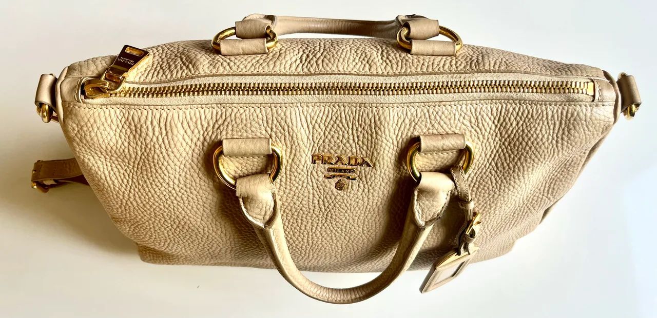 Bolsa Prada Original Couro Vitello Daino cor Sabbia - Foto 3