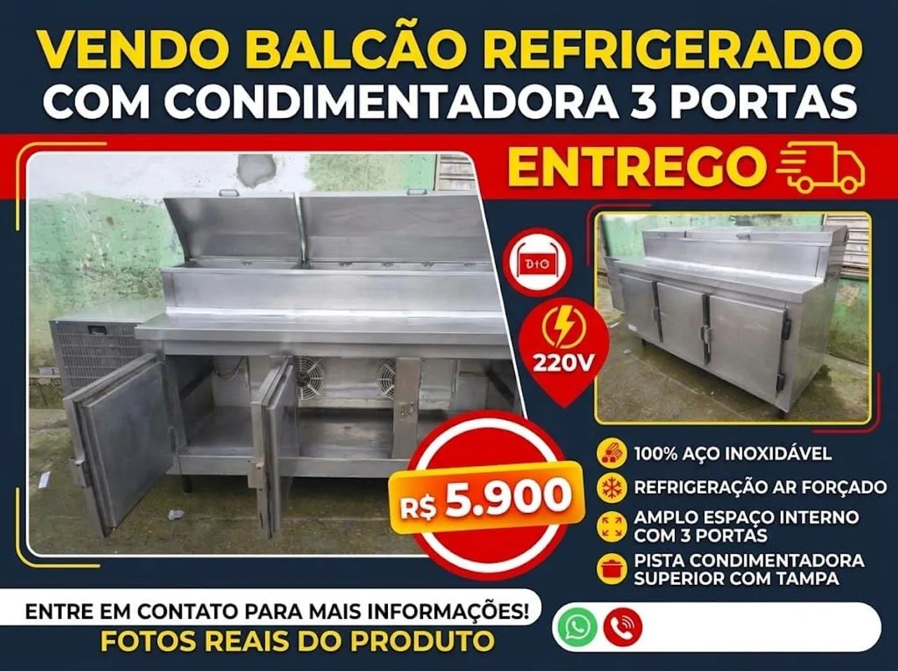Balcão refrigerado 3 portas c/condimentadora 220v ENTREGO 
