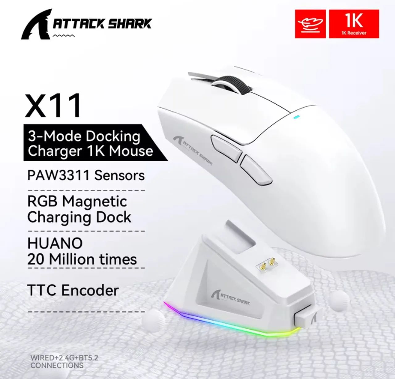 X11 Mouse Attack Shark Sem Fio Branco PAW3311 Com Base Carregadora