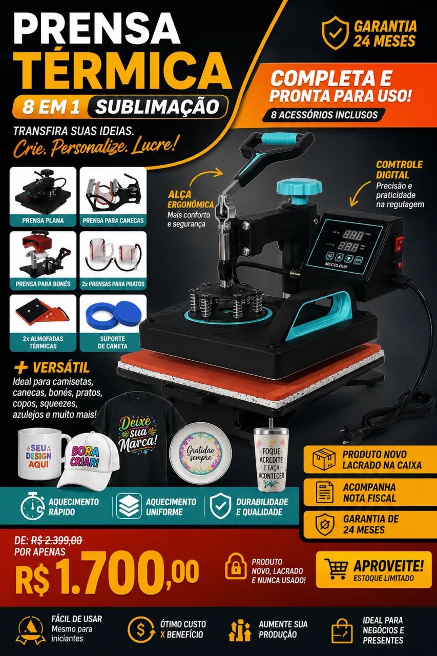 Prensa térmica 8x1 Sublimação NOVA