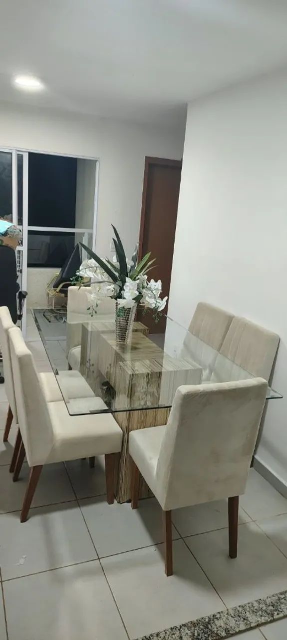 MESA DE JANTAR 6 LUGARES COMPLETA COM BASE E TAMPO DE VIDRO TEMPERADO 