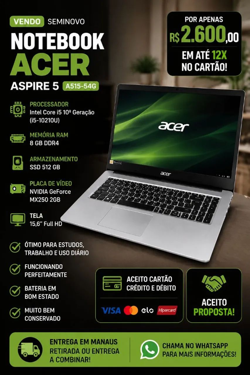 Notebook Acer Aspire 5 8GB RAM 512GB