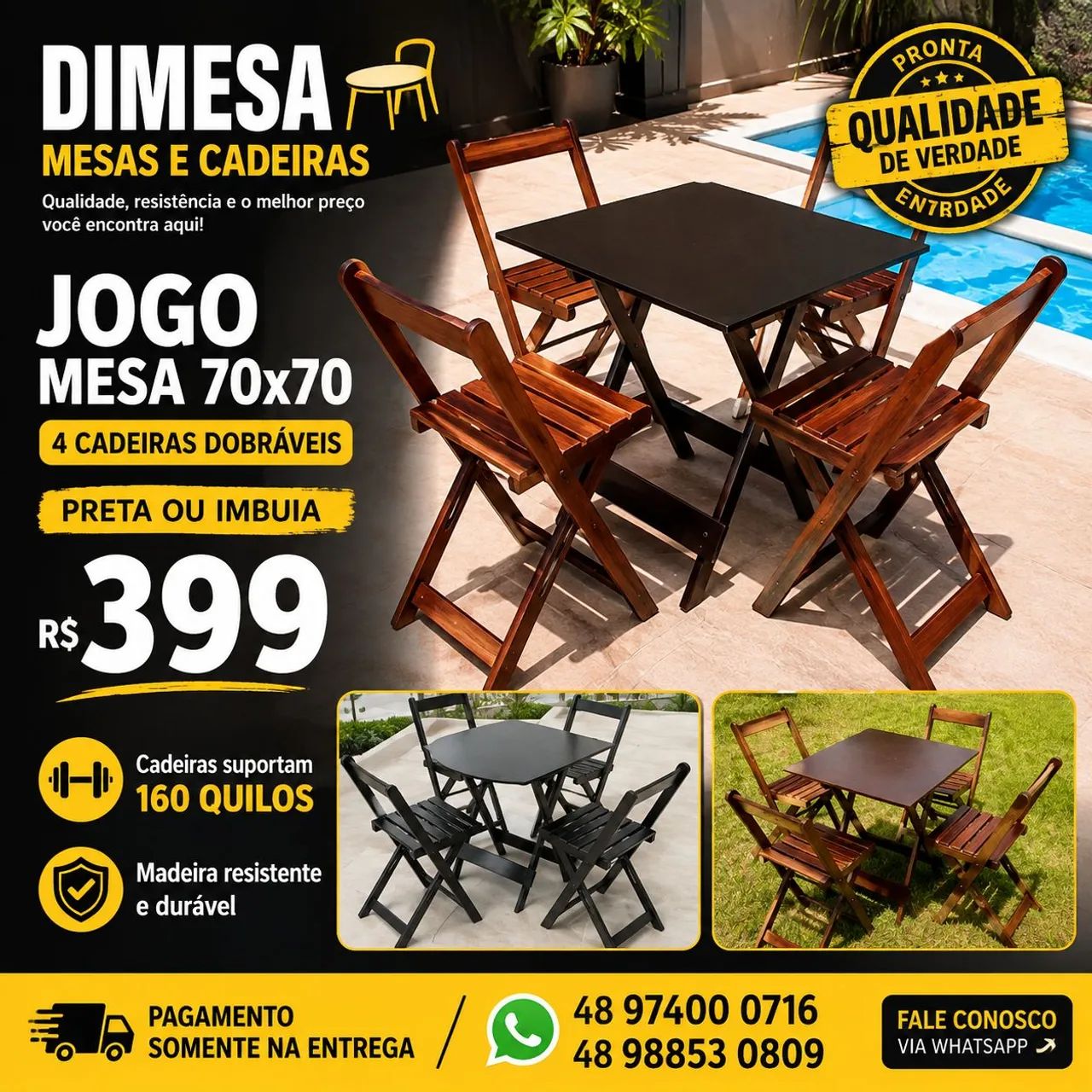 Kit mesa 70x70 com 4 cadeiras dobráveis sem estofado 