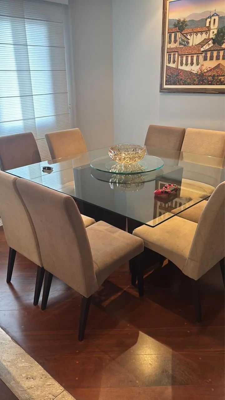  MESA DE JANTAR 6 LUGARES COM VIDRO E CENTRO GIRATÓRIO