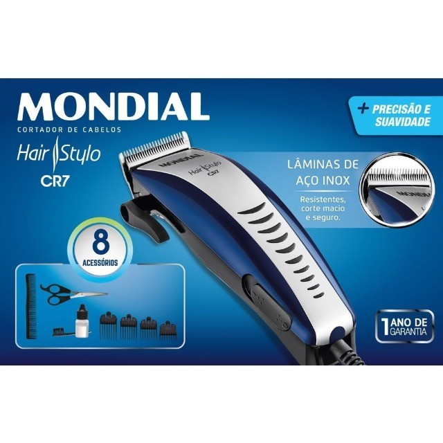 Máquina de Cortar Cabelo Hair Stylo CR07 Azul/Cinza Mondial 220v - Foto 6