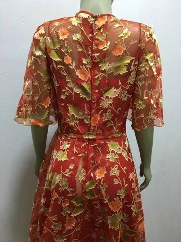 Vestido Alfaiataria Organza Tamanho P Vermelho Estampa Flor - Foto 6