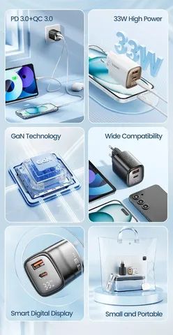 Carregador ultra rápido Samsung Motorola, USB duplo, GaN, com display, 33W, novo lacrado - Foto 5