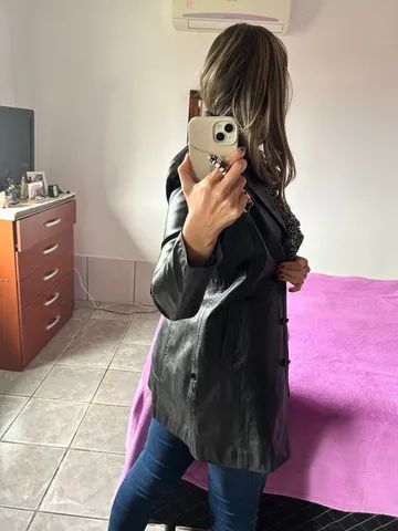 Sobretudo de couro preto feminino 40 - Foto 3