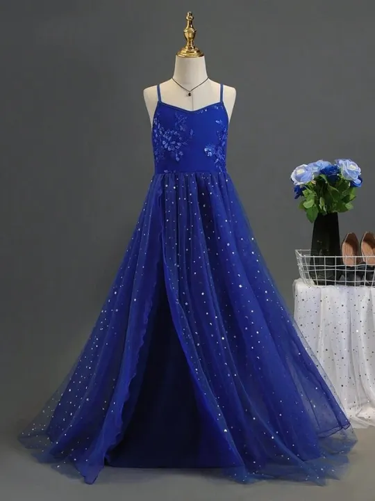 Vestido Longo de Festa Princesa com Bordados Florais e Lantejoulas - Criança