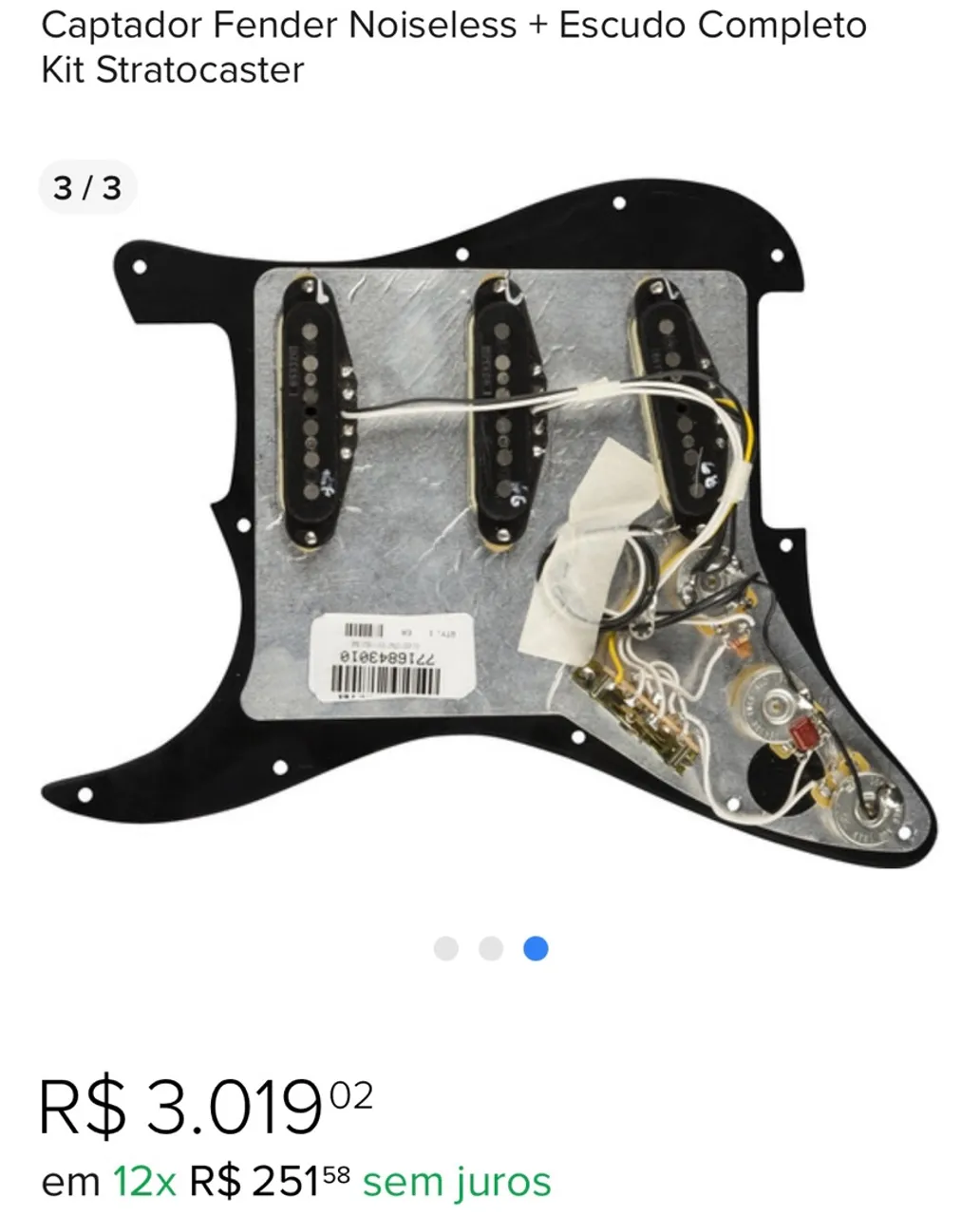 Captador Fender vintage Noiseless + Escudo Completo Stratocaster