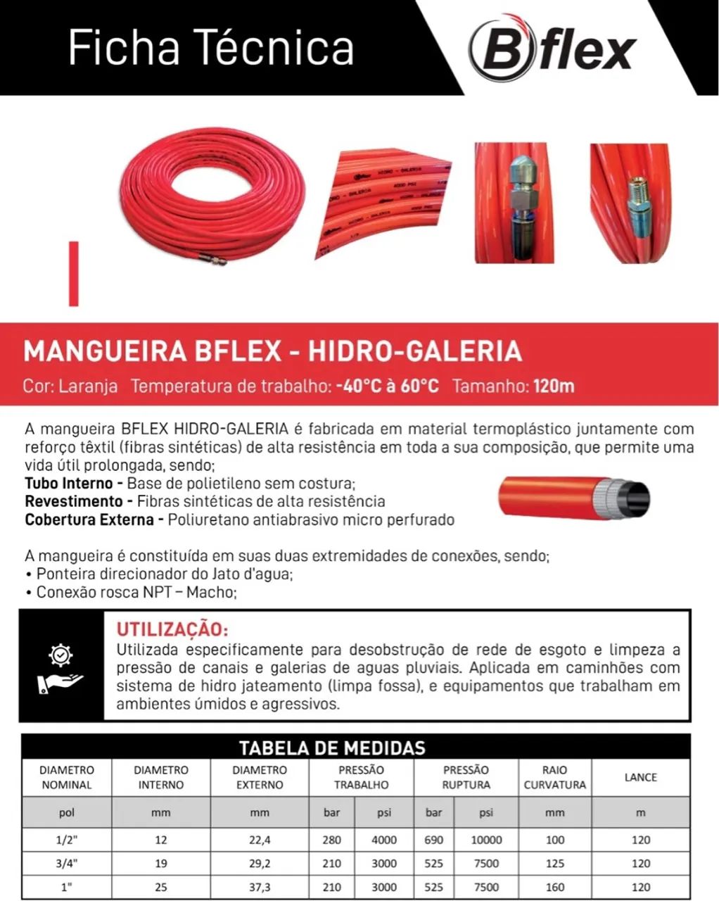 Mangueira 3/4  Hidrojateamento Limpeza Galeria 120mt 3000psi