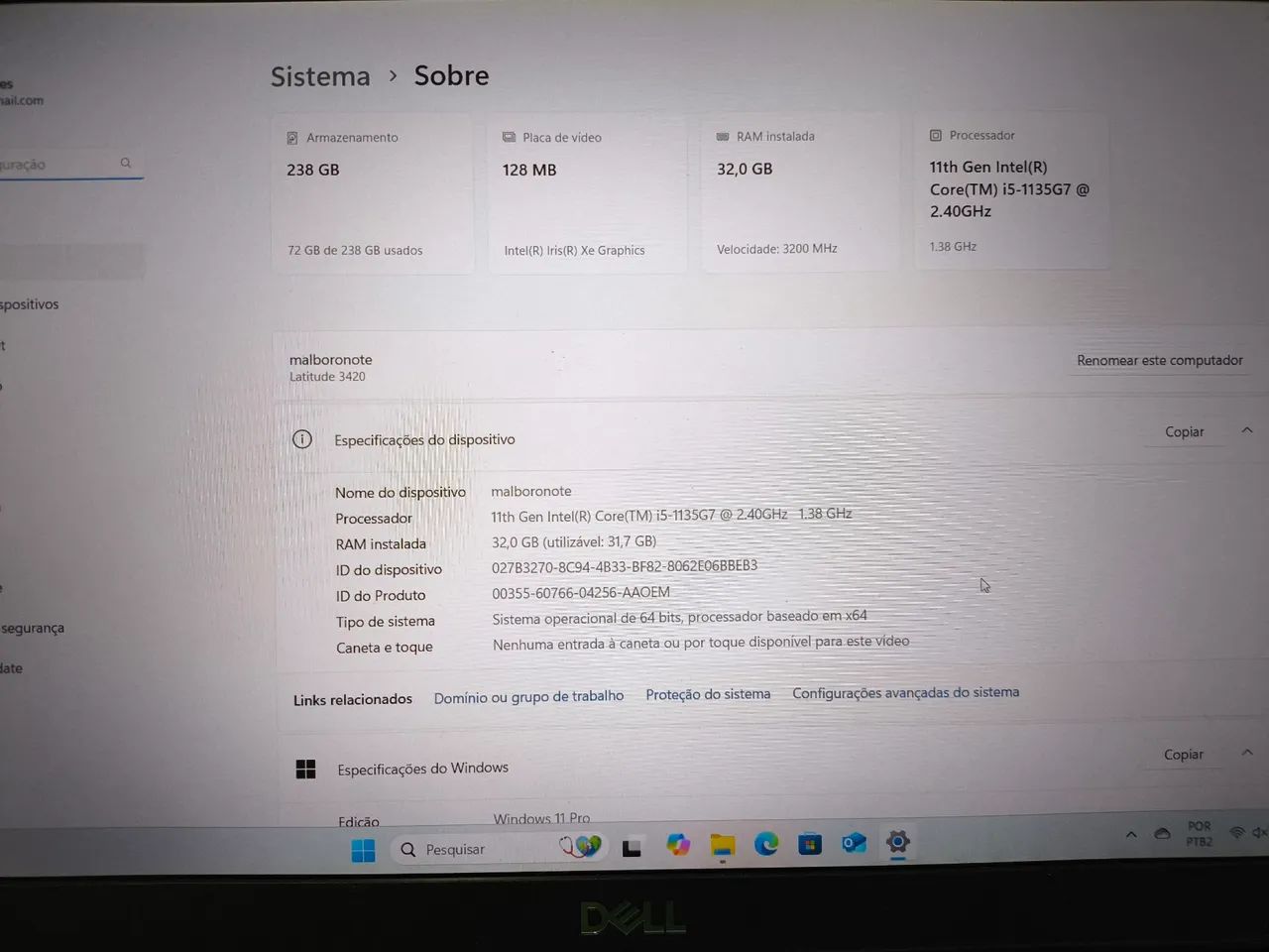 Notebook Dell 32gb Latitude 3420  11ª Geração nvme 256gb Intel Core i5