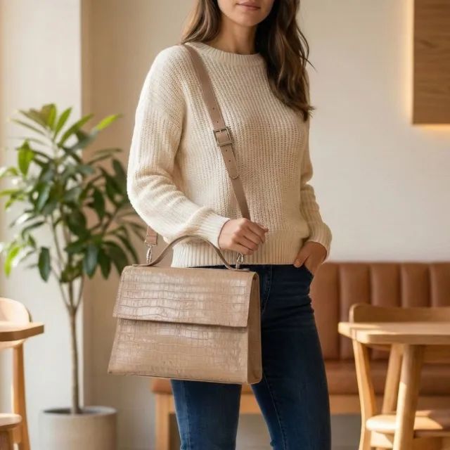 Bolsa Transversal Crocodilo Bege - Foto 2