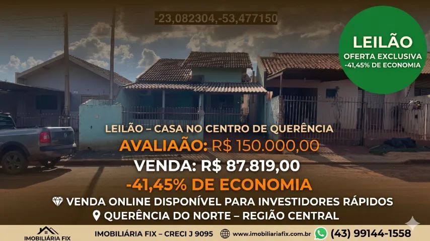 ? CENTRO DE QUERÊNCIA - IMÓVEL ABAIXO DO PREÇO DE LEILÃO! 