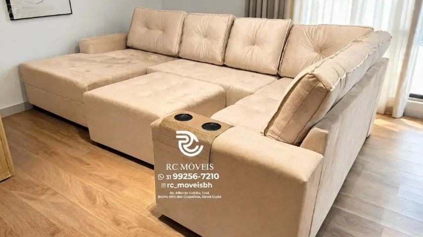 Sofá de Canto 3,10m Chaise e Puff Veludo Cinza D33 Durável - Foto 3