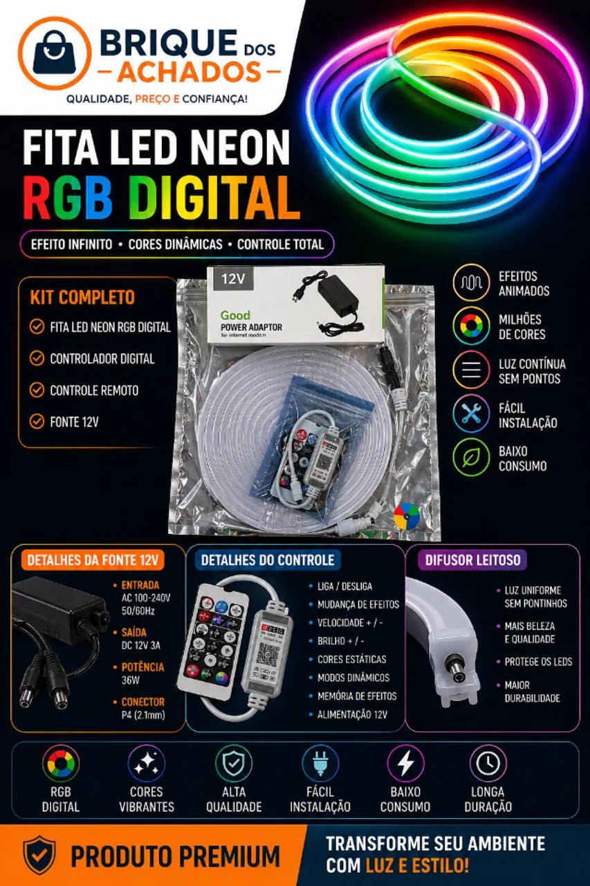 FITA LED NEON RGB DIGITAL 5M - EFEITO PREMIUM + CONTROLE + FONTE 12V - Foto 4