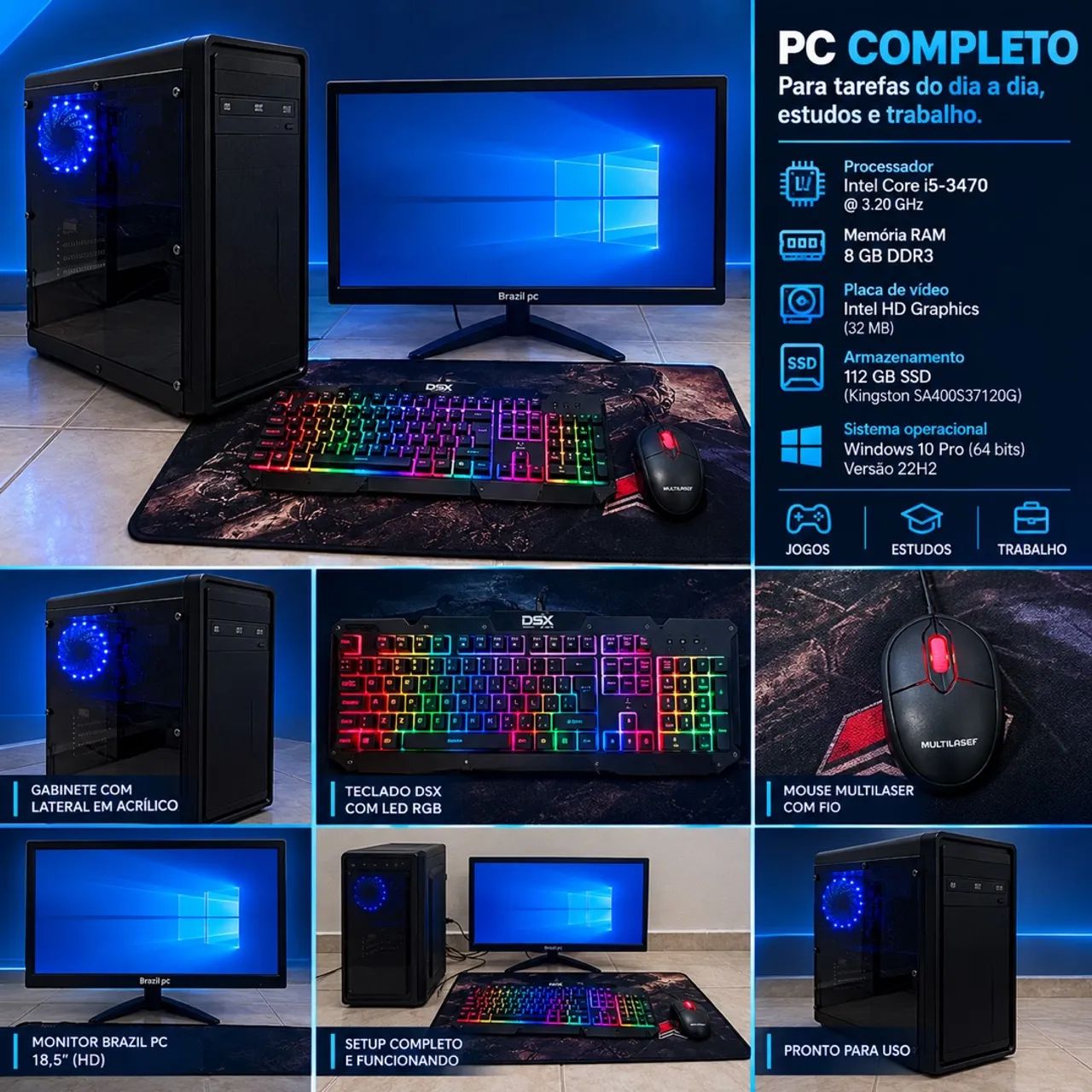 CPU com monitor, teclado, mouse e mousepad