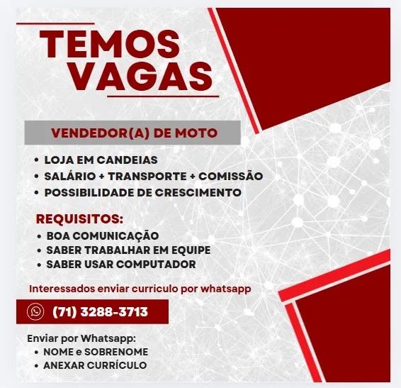 VAGA VENDEDOR(A) DE MOTO EM CANDEIAS