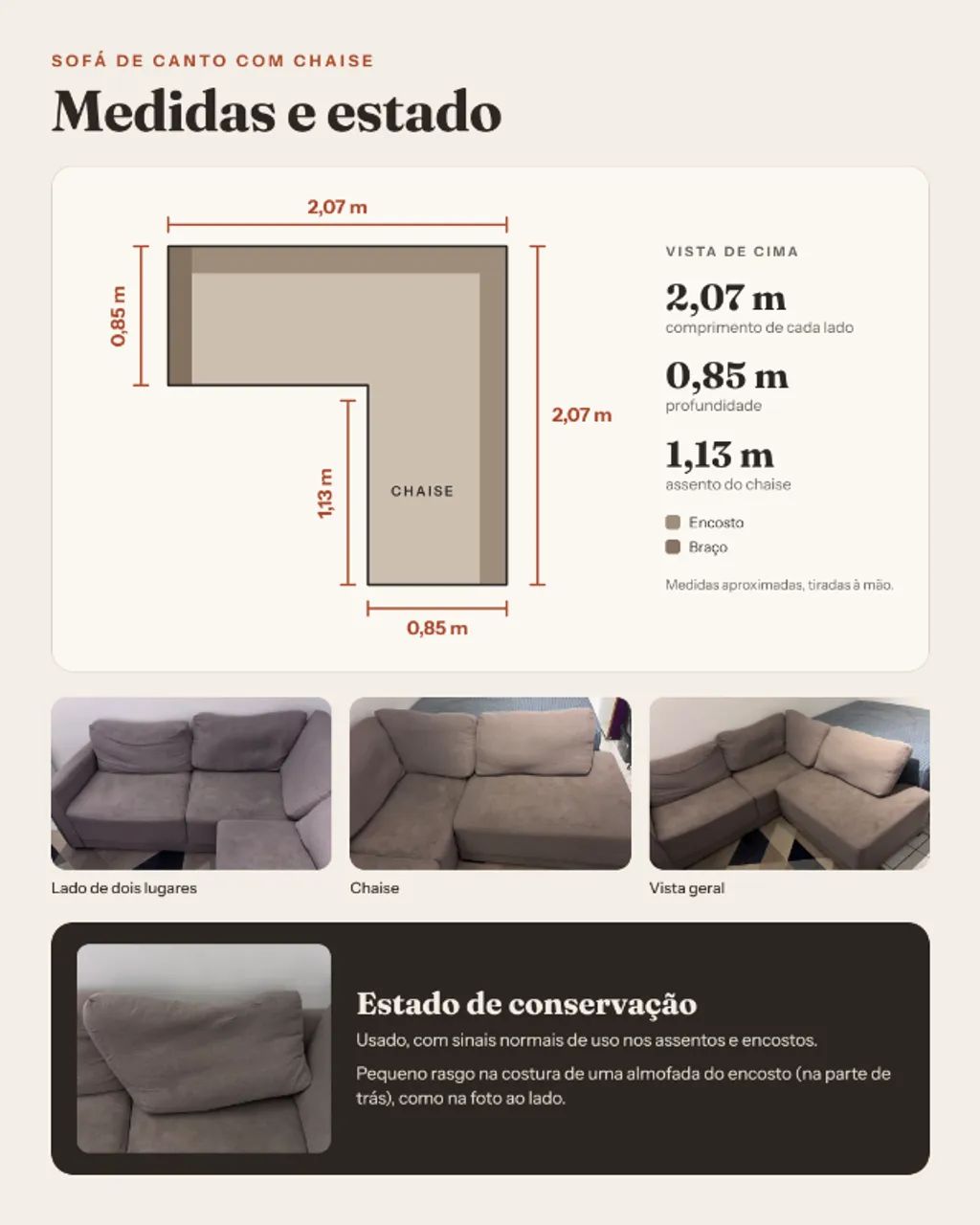*Valor Reduzido* Sofá de canto com chaise cinza-taupe, usado - Foto 2
