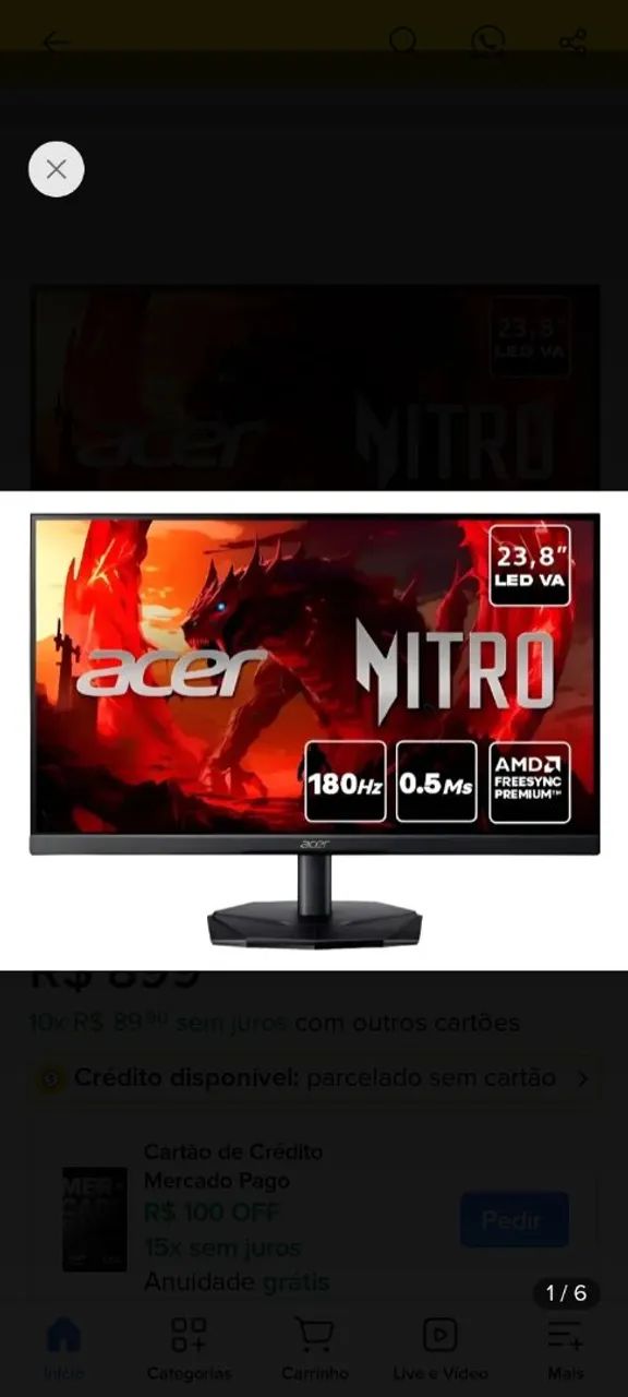 Monitor 23.8 Polegadas Nitro kG1 180Hz