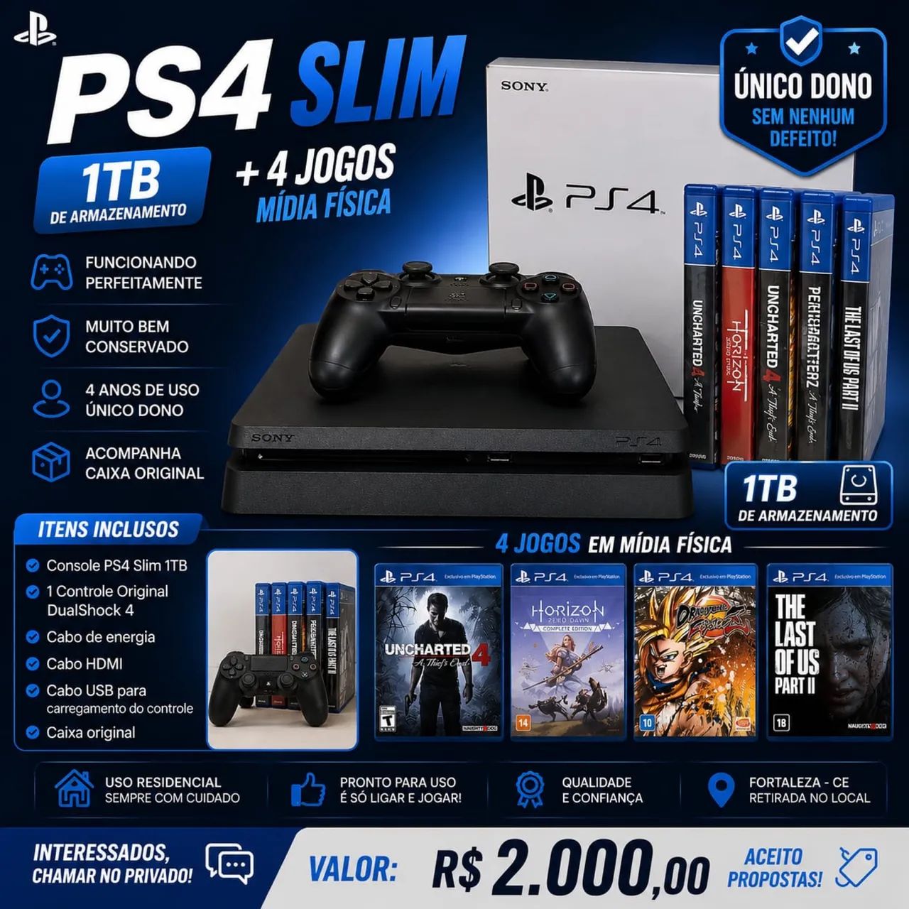 PlayStation 4 Slim 1TB ótimo estado!!