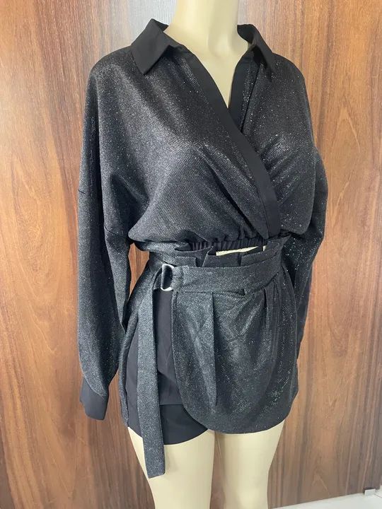 Conjunto John John cropped e shorts saia all black 