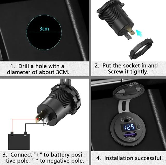Carregador/Tomada Veicular 48w c/ Voltímetro Led USB/Tipo C PD 3.0 QC 12v/24v - Foto 6