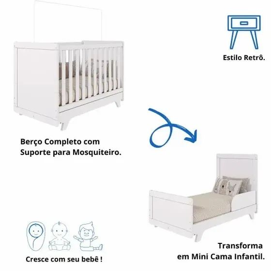 Comoda Retro Liso + Berço Cama Americano Retro, 100% MDF - Peroba - Foto 4