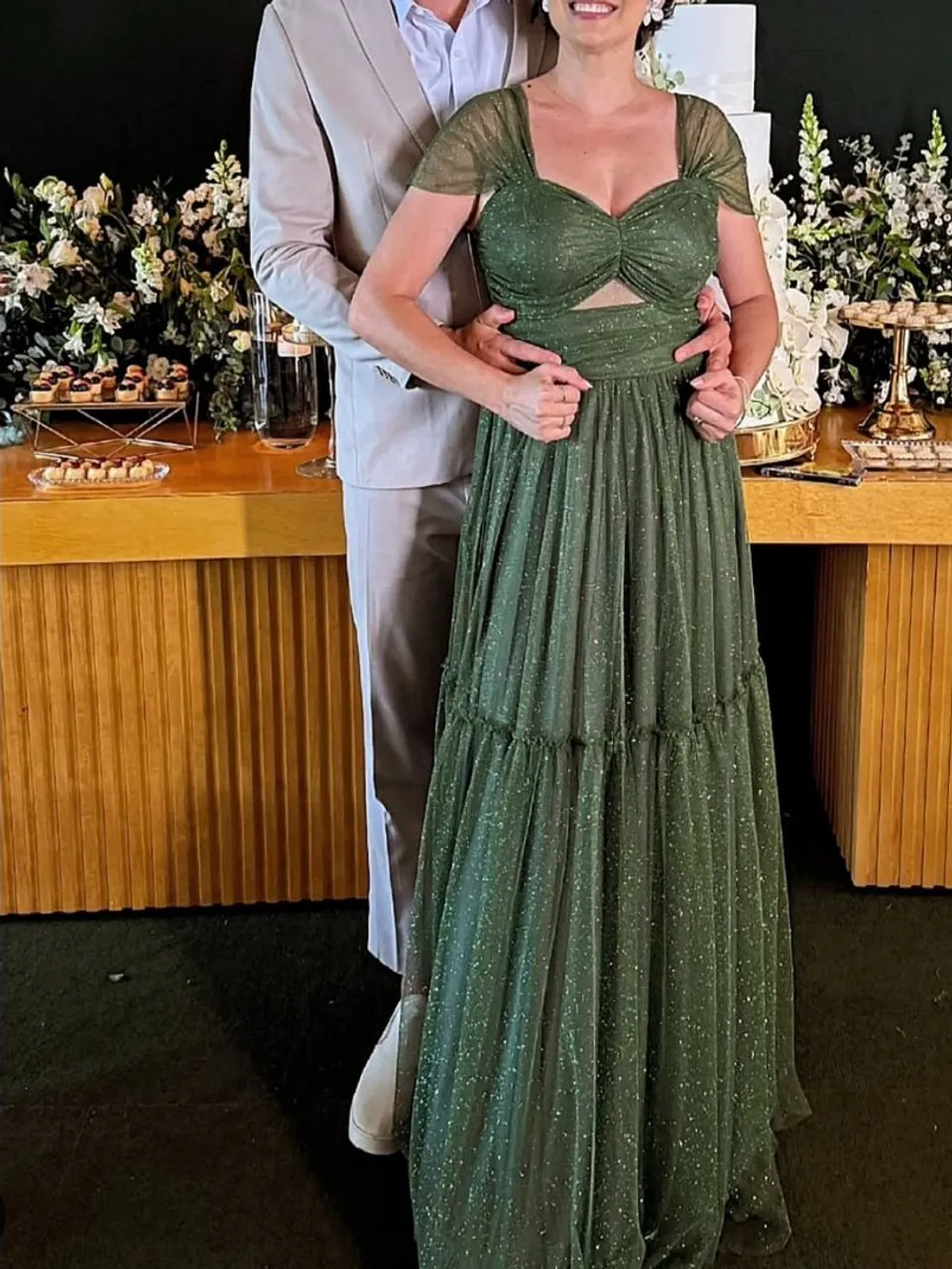 Vestido de festa verde esmeralda com brilho e Azul