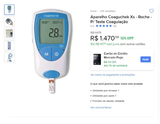 Aparelho Coaguchek Xs - Roche - P/ Teste Coagulação novo na caixa.
