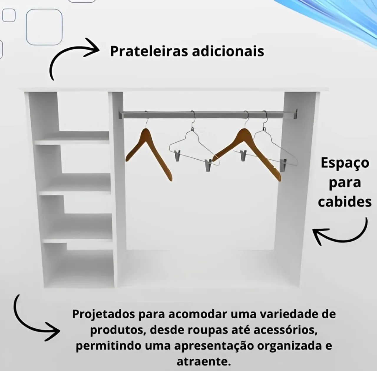Balcão Central Loja Com Prateleira e Suporte para Roupas 