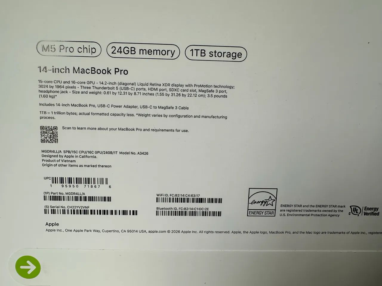MacBook M5 Pro 14.2 2026 24GB - 1TB SSD 