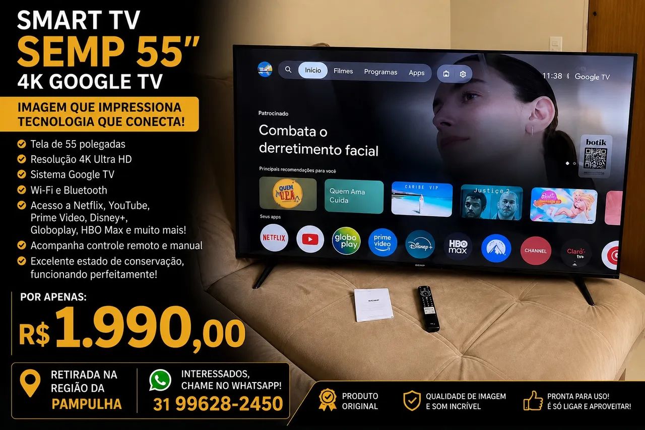TV SEMP 55 polegadas 4K UHD Google TV (Modelo 55S62)