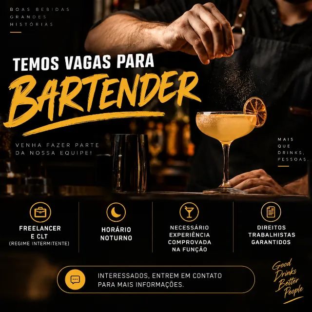 BARTENDER - C/ EXPERIÊNCIA - CLT