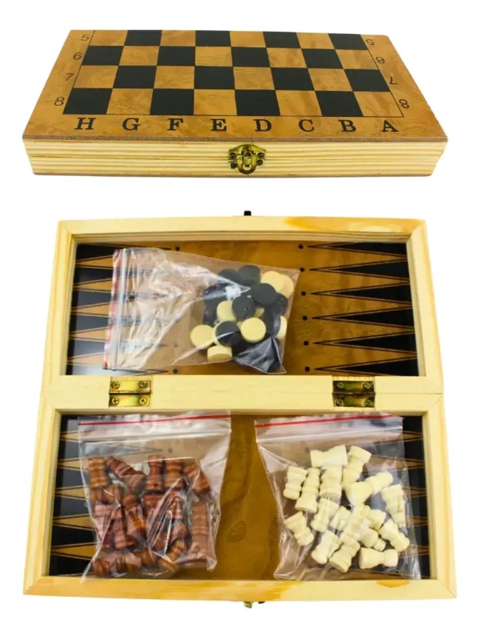 Jogo de Tabuleiro 23cm -  3 em 1 de Madeira - Xadrez, Dama e Backgammon Portátil - Foto 2