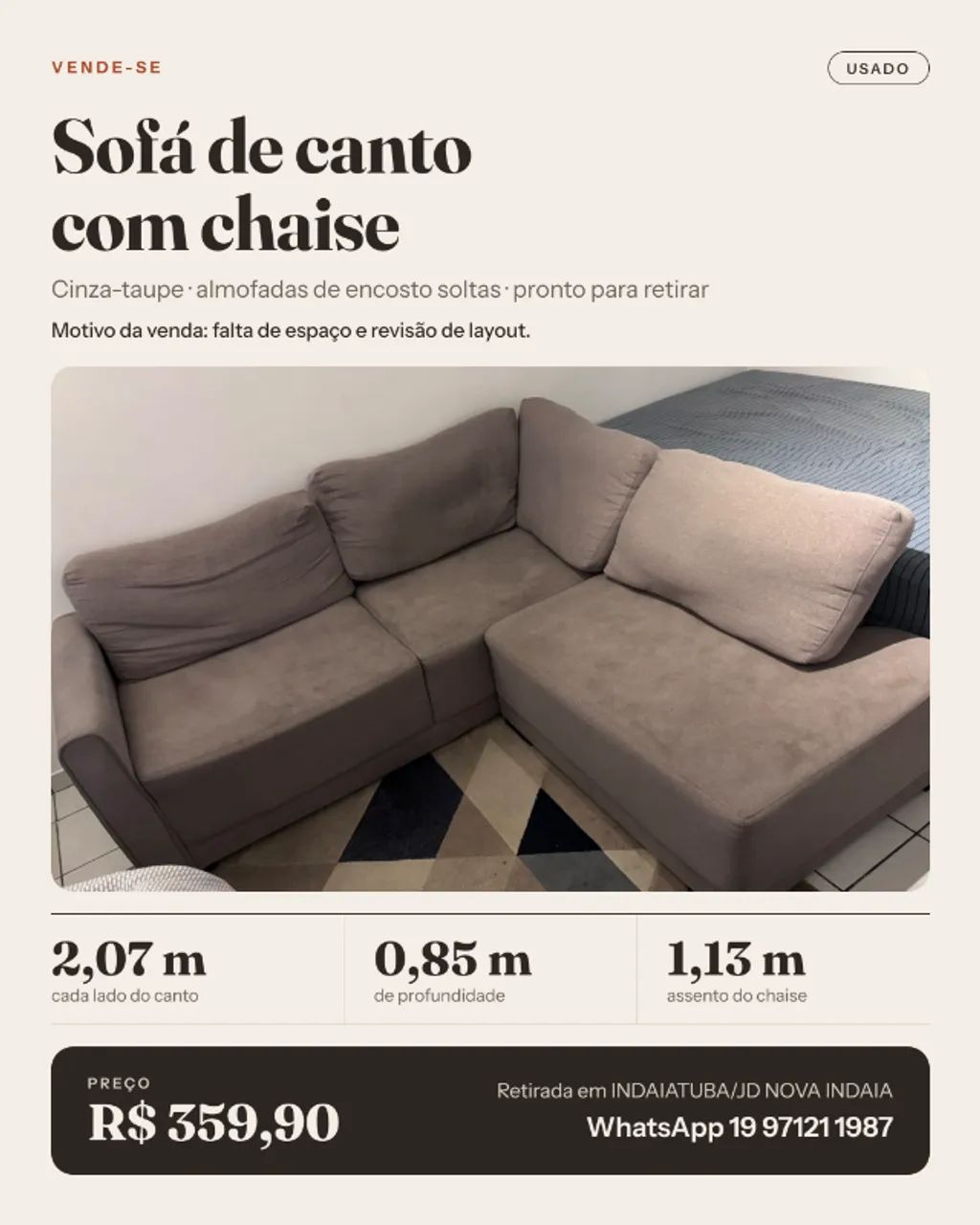 *Valor Reduzido* Sofá de canto com chaise cinza-taupe, usado