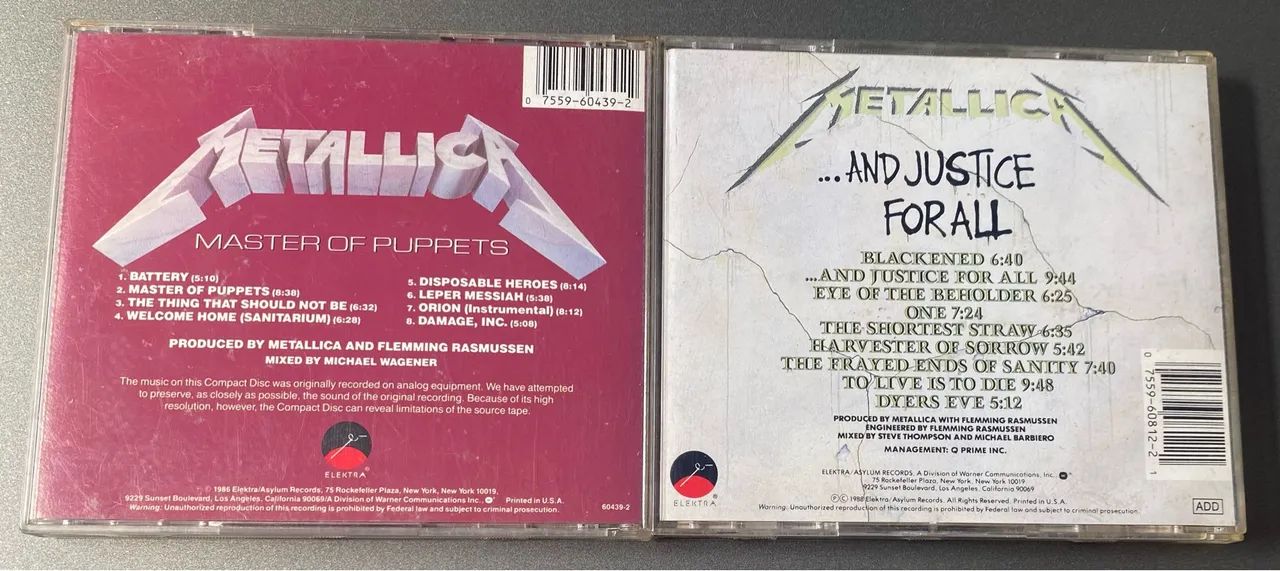 CD METALLICA MASTER OF PUPPETS AND JUSTICE FOR ALL importados USA